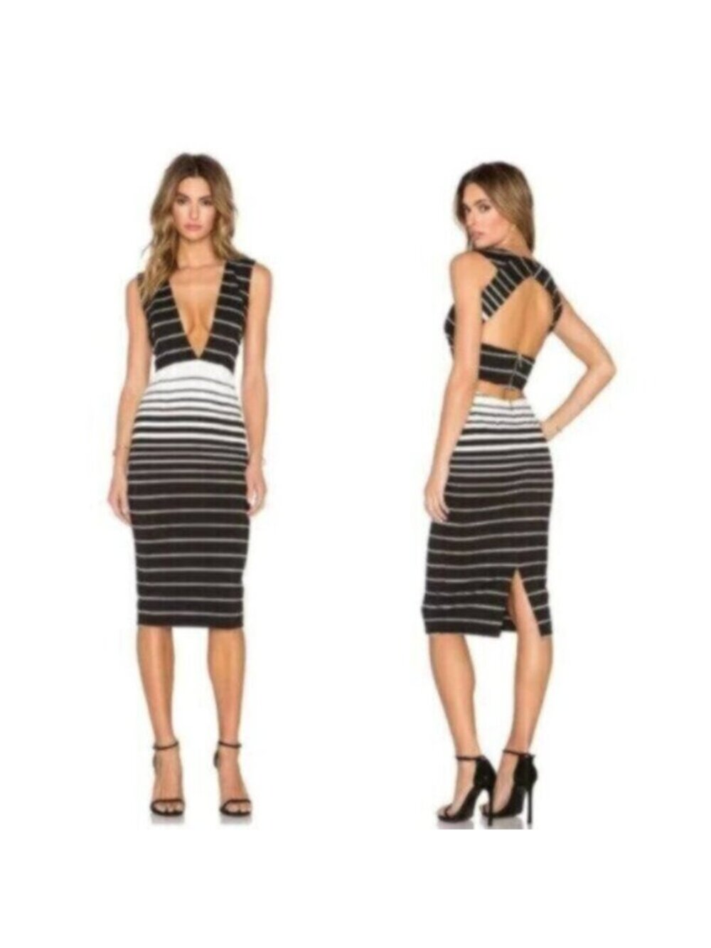 Nicholas Women’s Black & White Striped Midi Plunging V-Neck and Open Back Dress